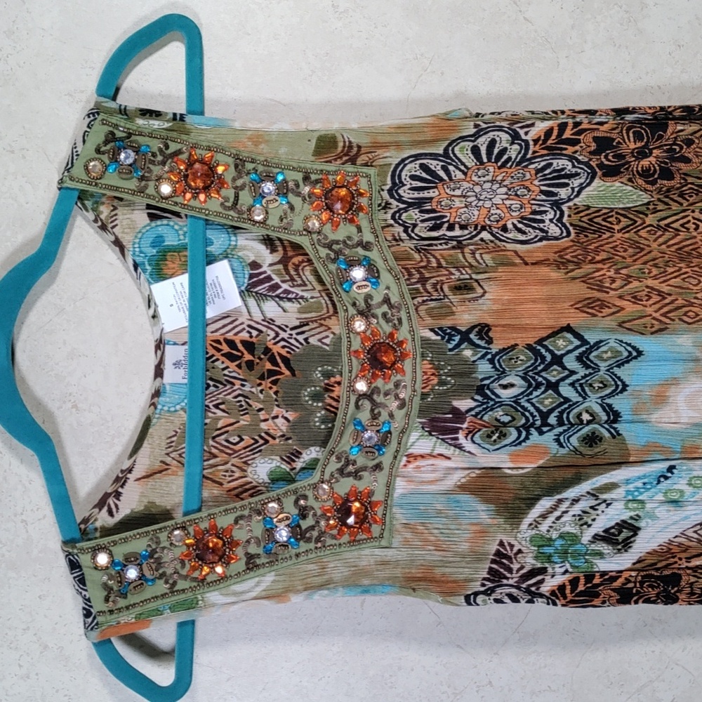 7110 Forbidden green, brown, aqua, & rust sleeveless dress S